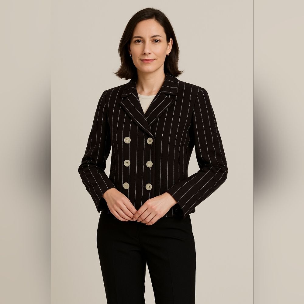 LRL L/S Pinstripe Blazer Brown Cream 6 Career Cropped Double Breasted Coastal Ch